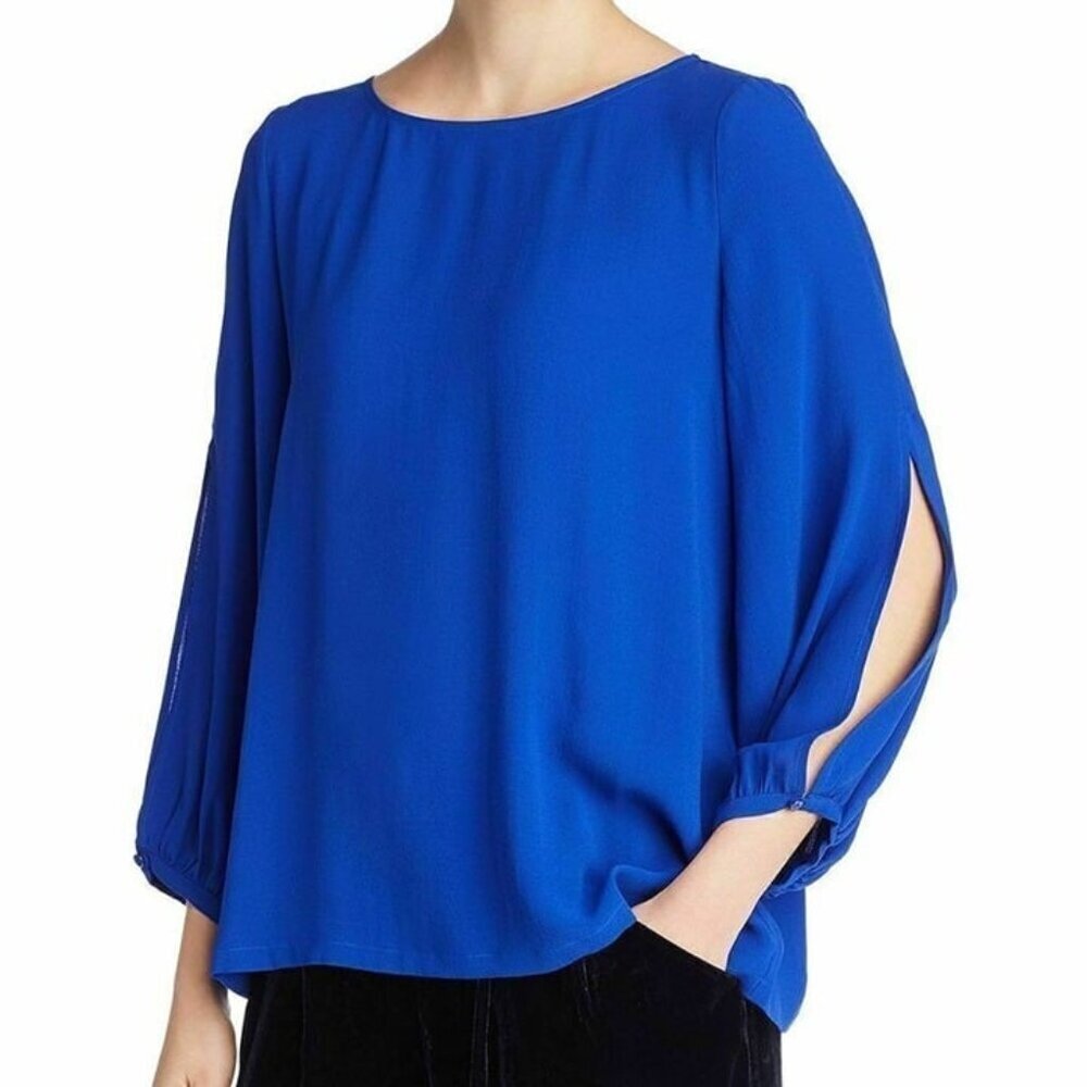 NWT Eileen Fisher Silk Georgette Crepe Bateau Slit Sleeve Top Blue 1X Flowy NEW